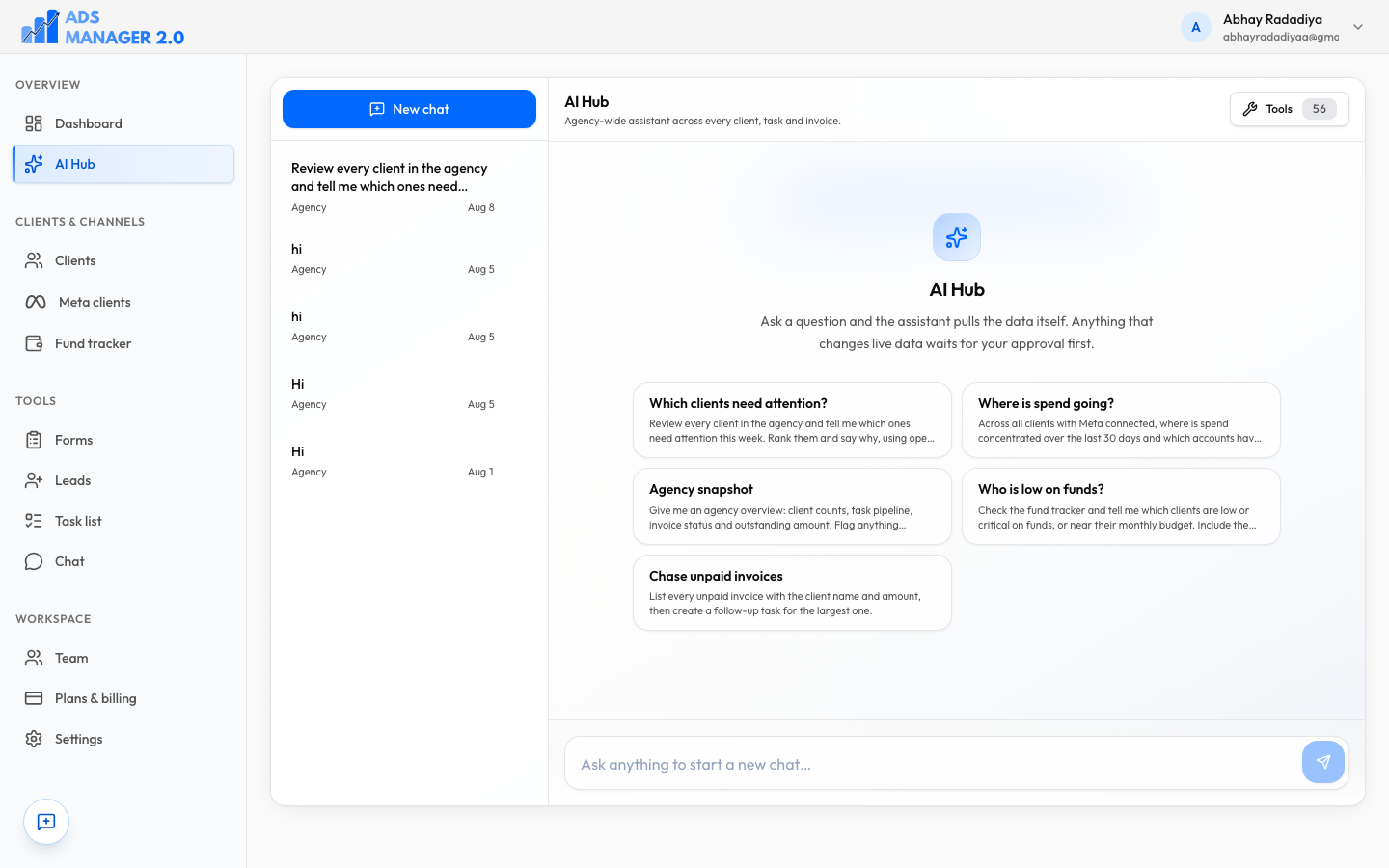 AI Hub chat workspace with suggested prompts for client attention, spend, funds, and unpaid invoices.