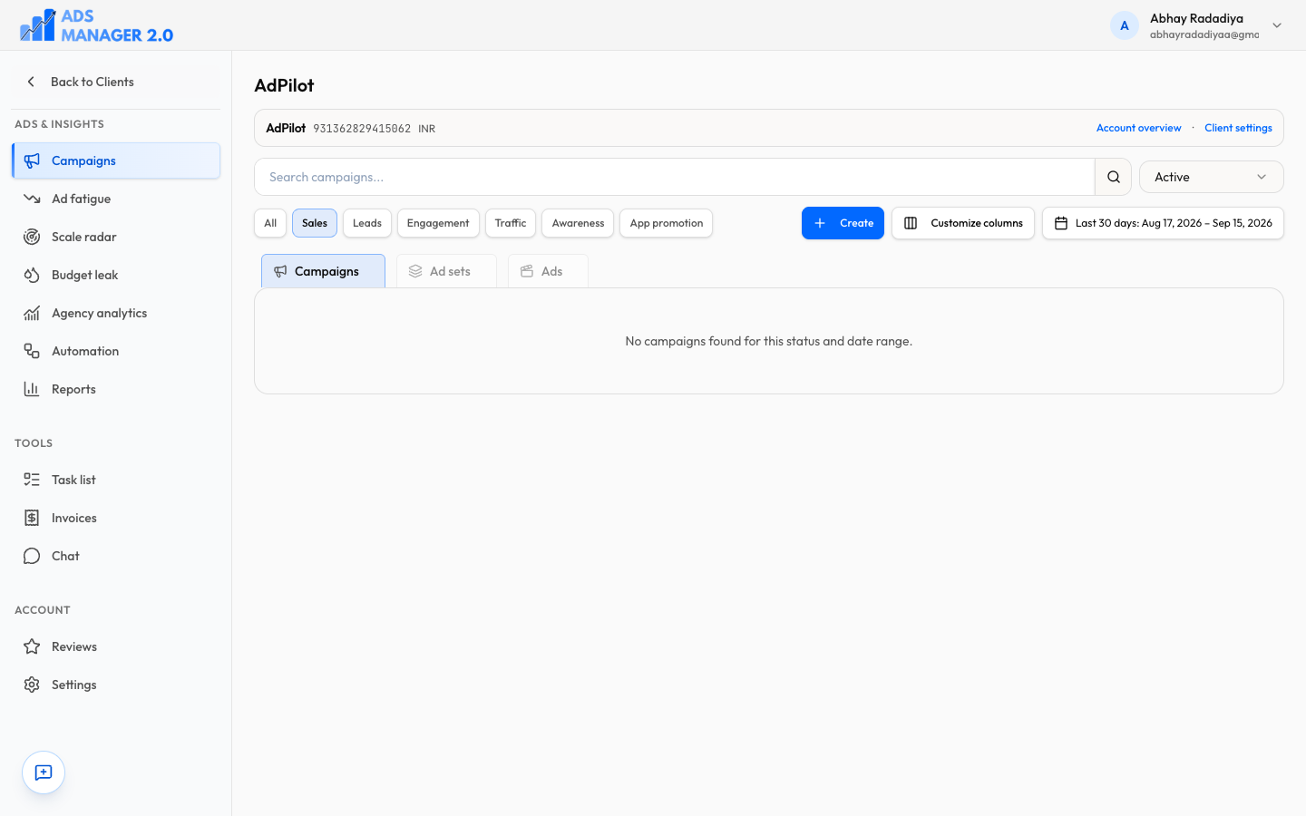 Campaigns workspace inside a client account, with search, objective filters, campaign/ad set/ad tabs, Create, and date range.