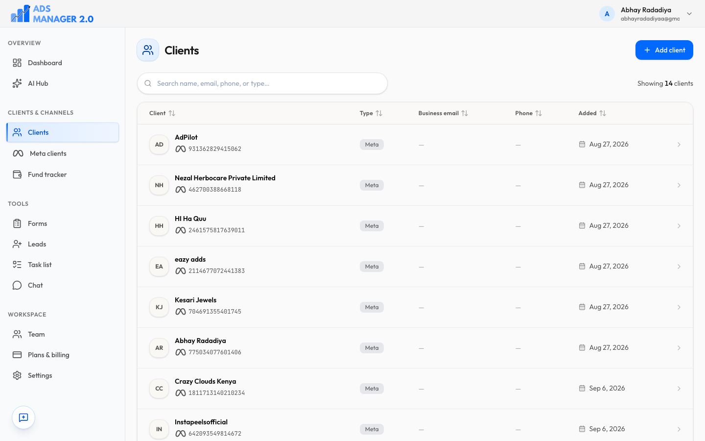 Clients list in AdsManager with search, Meta-connected accounts, and a table of agency clients.