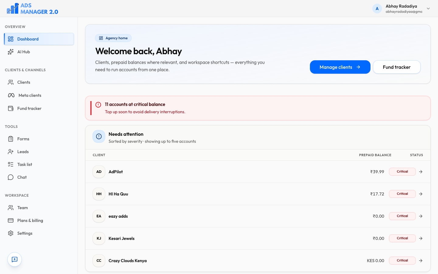 AdsManager agency dashboard showing welcome home, a critical prepaid-balance alert, and a needs-attention client list with balances.