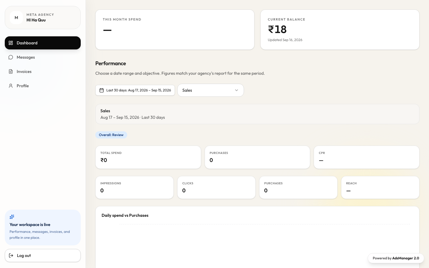 Client portal dashboard with spend, balance, and performance metrics shared by the agency.