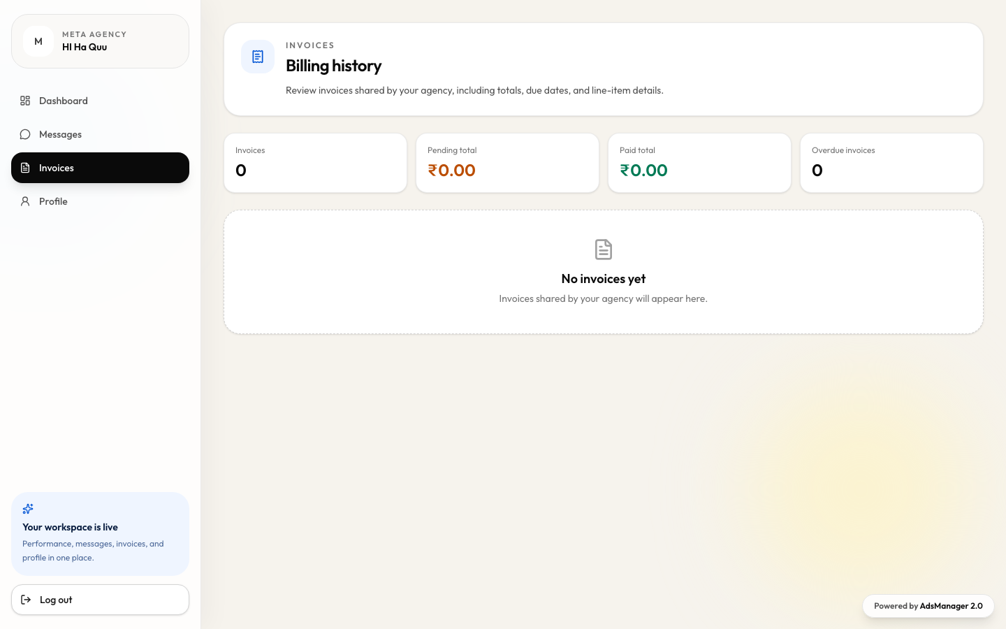 Client portal billing history with invoice totals, pending amounts, and overdue counts.